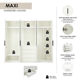 ตู้เสื้อผ้า 6 บานไม้ พร้อมกระจก รุ่นแมกซี่ - สีขาว ไฮกลอส