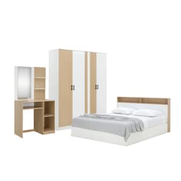 Furinbox ชุดห้องนอน รุ่นคาร์เนชั่น+แมกโนเลีย ขนาด 5 ฟุต (เตียง, ตู้เสื้อผ้า 4 บาน, โต๊ะเครื่องแป้ง) - สีขาว/ธรรมชาติ
