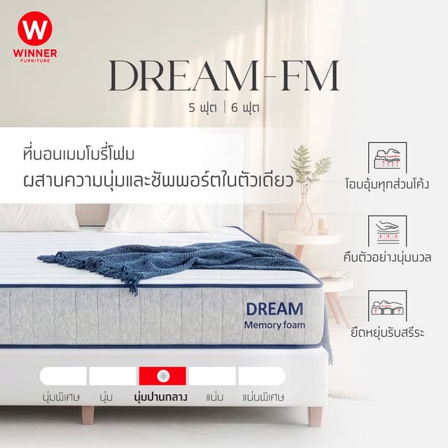 ที่นอน รุ่นดรีม-เอ็ฟเอ็ม ขนาด 5 ฟุต หนา 9 นิ้ว - สีขาว/เทาอ่อน