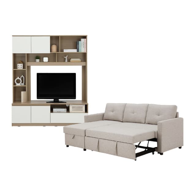 Furinbox โซฟาเบดผ้า L-shape และชุดโฮมเอ็นเตอร์เทนเมนท์ ขนาด 150 ซม. รุ่นเคียร่า+มินิโอ - สีน้ำตาลอ่อน/ธรรมชาติ