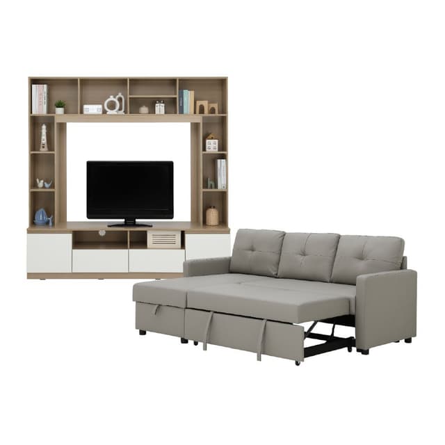 Furinbox โซฟาเบด PU L-shape และชุดโฮมเอ็นเตอร์เทนเมนท์ ขนาด 180 ซม. รุ่นเคียร่า+มินิโอ - สีเทา/ธรรมชาติ