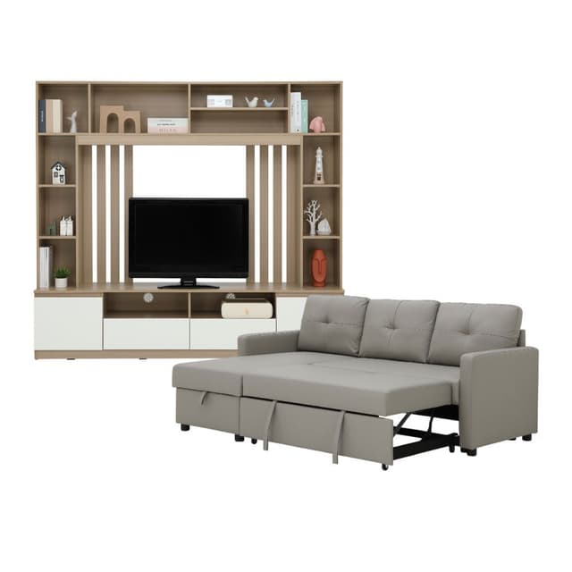 Furinbox โซฟาเบด PU L-shape และชุดโฮมเอ็นเตอร์เทนเมนท์ ขนาด 200 ซม. รุ่นเคียร่า+มินิโอ - สีเทา/ธรรมชาติ