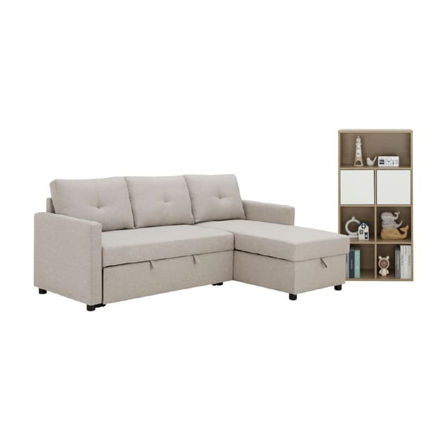 Furinbox โซฟาเบดผ้า L-shape และชั้นวางของอเนกประสงค์ 2 บาน รุ่นเคียร่า+มินิโอ - สีน้ำตาลอ่อน/ธรรมชาติ