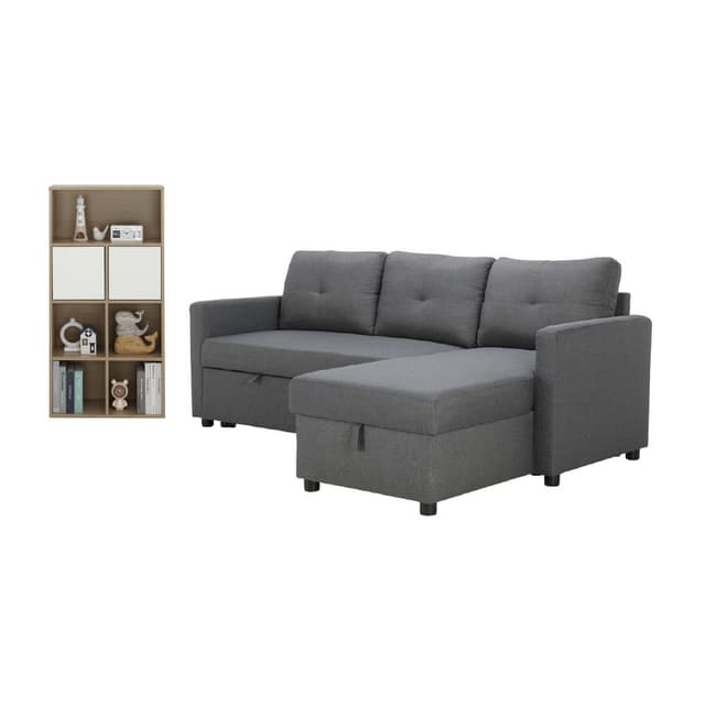 Furinbox โซฟาเบดผ้า L-shape และชั้นวางของอเนกประสงค์ 2 บาน รุ่นเคียร่า+มินิโอ - สีเทาเข้ม/ธรรมชาติ