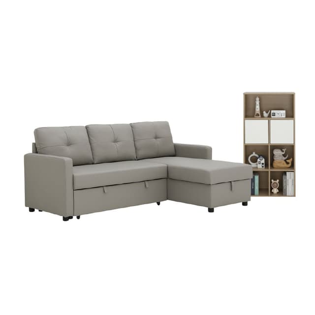 Furinbox โซฟาเบด PU L-shape และชั้นวางของอเนกประสงค์ 2 บาน รุ่นเคียร่า+มินิโอ - สีเทา/ธรรมชาติ