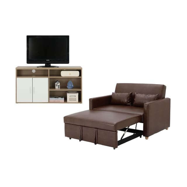 Furinbox โซฟาเบด PVC 2 ที่นั่ง และตู้วางทีวี 2 บาน ขนาด 120 ซม. รุ่นมิกิ+มินิโอ - สีน้ำตาล/ธรรมชาติ