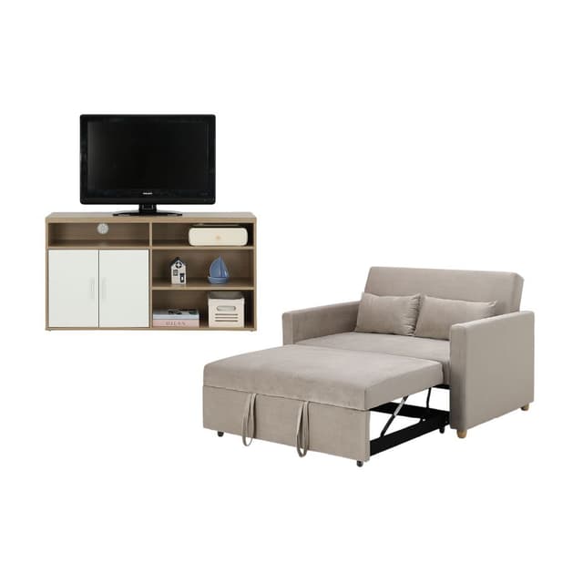 Furinbox โซฟาเบดผ้า 2 ที่นั่ง และตู้วางทีวี 2 บาน ขนาด 120 ซม. รุ่นมิกิ+มินิโอ - สีโทป/ธรรมชาติ