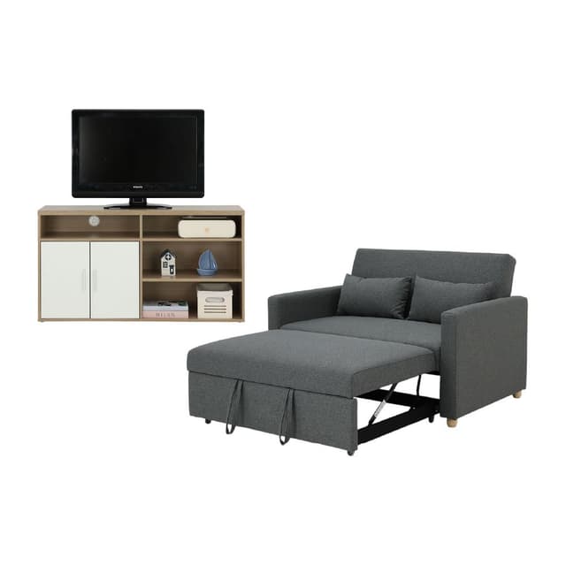 Furinbox โซฟาเบดผ้า 2 ที่นั่ง และตู้วางทีวี 2 บาน ขนาด 120 ซม. รุ่นมิกิ+มินิโอ - สีเทา/ธรรมชาติ