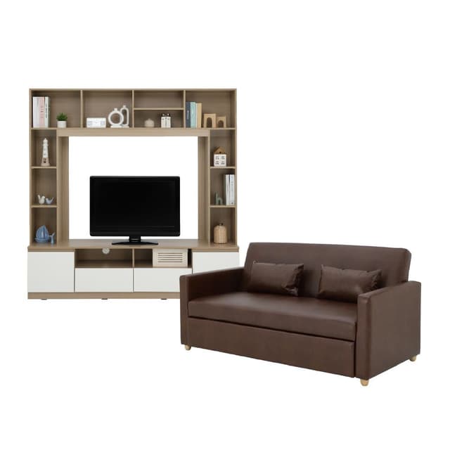 Furinbox โซฟาเบด PVC 3 ที่นั่ง และชุดโฮมเอ็นเตอร์เทนเมนท์ ขนาด 180 ซม. รุ่นมิกิ+มินิโอ - สีน้ำตาล/ธรรมชาติ