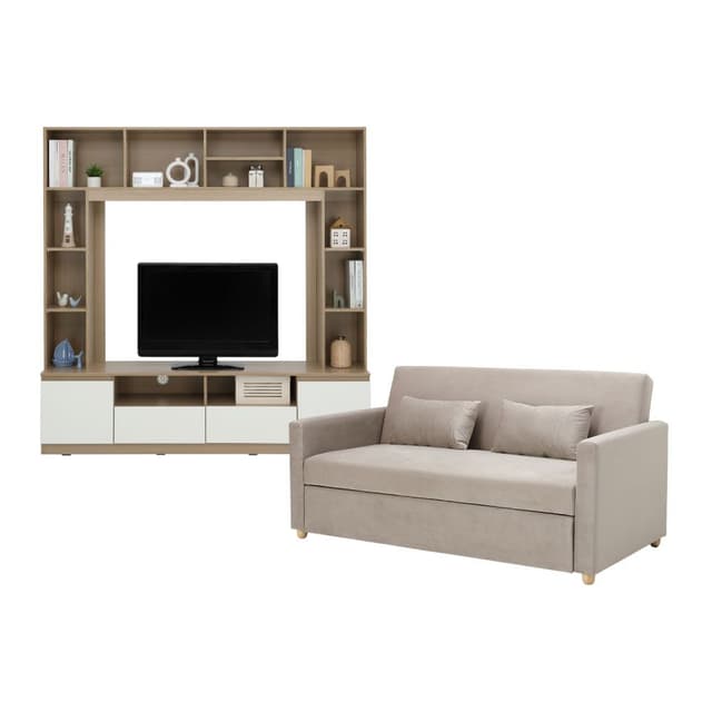 Furinbox โซฟาเบดผ้า 3 ที่นั่ง และชุดโฮมเอ็นเตอร์เทนเมนท์ ขนาด 180 ซม. รุ่นมิกิ+มินิโอ - สีโทป/ธรรมชาติ