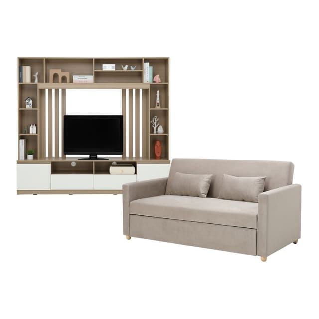 Furinbox โซฟาเบดผ้า 3 ที่นั่ง และชุดโฮมเอ็นเตอร์เทนเมนท์ ขนาด 200 ซม. รุ่นมิกิ+มินิโอ - สีโทป/ธรรมชาติ