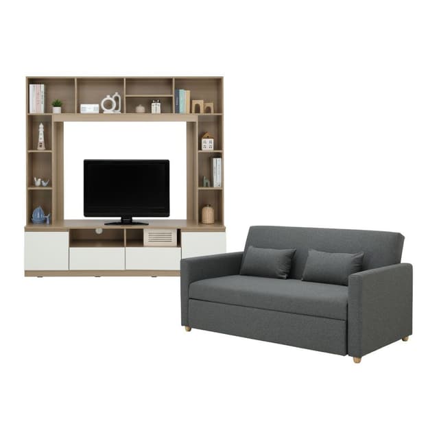 Furinbox โซฟาเบดผ้า 3 ที่นั่ง และชุดโฮมเอ็นเตอร์เทนเมนท์ ขนาด 180 ซม. รุ่นมิกิ+มินิโอ - สีเทา/ธรรมชาติ