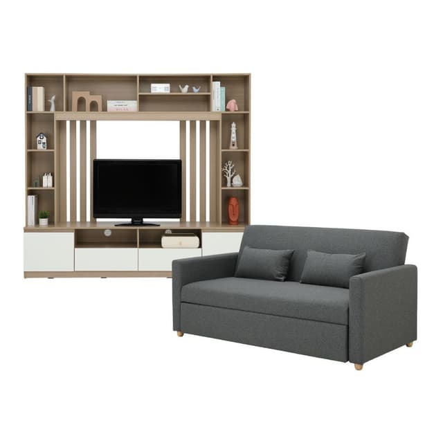 Furinbox โซฟาเบดผ้า 3 ที่นั่ง และชุดโฮมเอ็นเตอร์เทนเมนท์ ขนาด 200 ซม. รุ่นมิกิ+มินิโอ - สีเทา/ธรรมชาติ