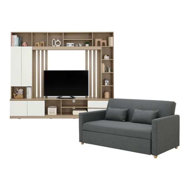 Furinbox โซฟาเบดผ้า 3 ที่นั่ง และชุดโฮมเอ็นเตอร์เทนเมนท์ ขนาด 240 ซม. รุ่นมิกิ+มินิโอ - สีเทา/ธรรมชาติ