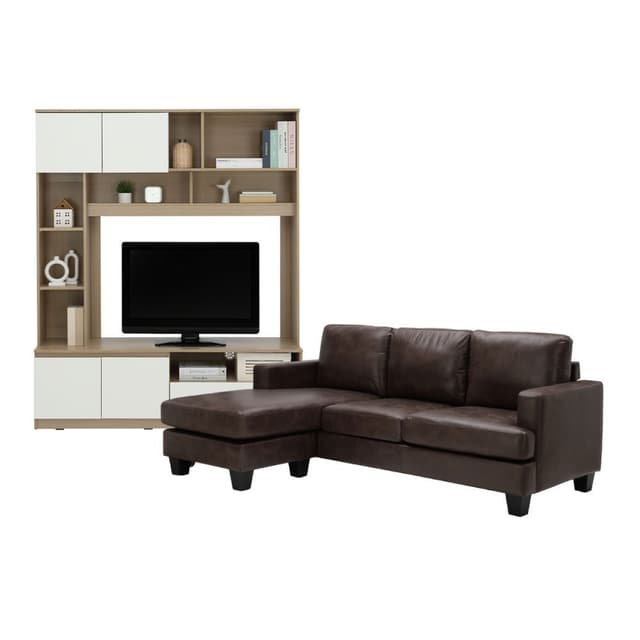 Furinbox โซฟาผ้า L-shape และชุดโฮมเอ็นเตอร์เทนเมนท์ ขนาด 150 ซม. รุ่นแลมซี่+มินิโอ - สีน้ำตาลเข้ม/ธรรมชาติ