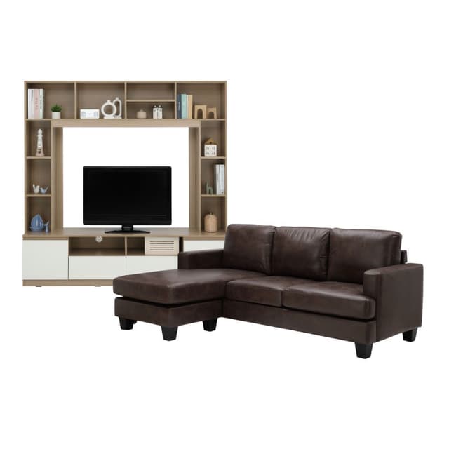 Furinbox โซฟาผ้า L-shape และชุดโฮมเอ็นเตอร์เทนเมนท์ ขนาด 180 ซม. รุ่นแลมซี่+มินิโอ - สีน้ำตาลเข้ม/ธรรมชาติ