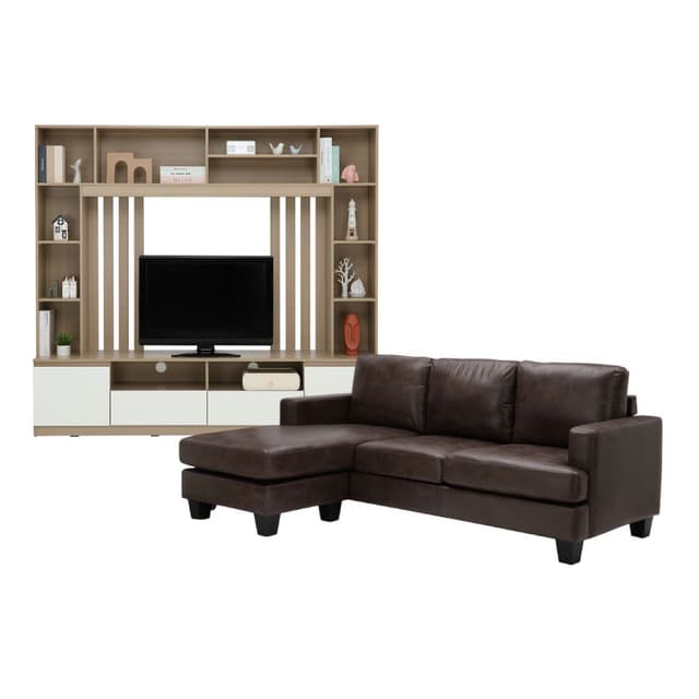 Furinbox โซฟาผ้า L-shape และชุดโฮมเอ็นเตอร์เทนเมนท์ ขนาด 200 ซม. รุ่นแลมซี่+มินิโอ - สีน้ำตาลเข้ม/ธรรมชาติ