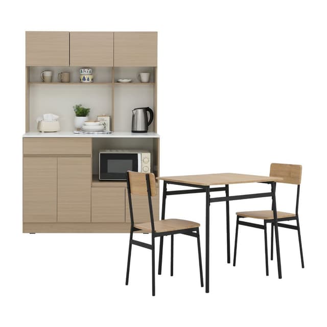 Furinbox ชุดครัว ขนาด 120 ซม. และชุดโต๊ะอาหาร 2 ที่นั่ง รุ่นชอน+วิกกิ - สีธรรมชาติ/ดำ