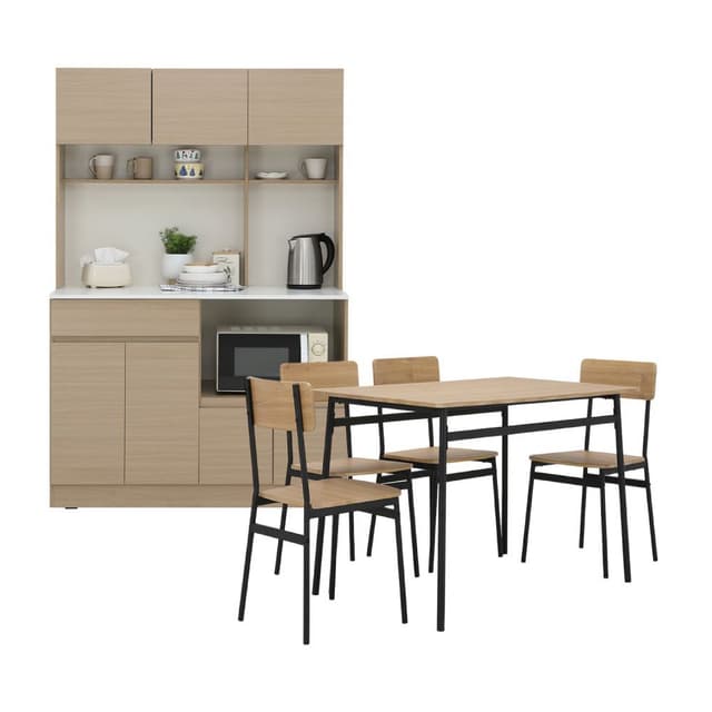 Furinbox ชุดครัว ขนาด 120 ซม. และชุดโต๊ะอาหาร 4 ที่นั่ง รุ่นชอน+วิกกิ - สีธรรมชาติ/ดำ