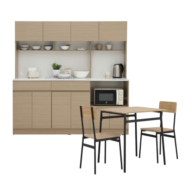 Furinbox ชุดครัว ขนาด 180 ซม. และชุดโต๊ะอาหาร 2 ที่นั่ง รุ่นชอน+วิกกิ - สีธรรมชาติ/ดำ