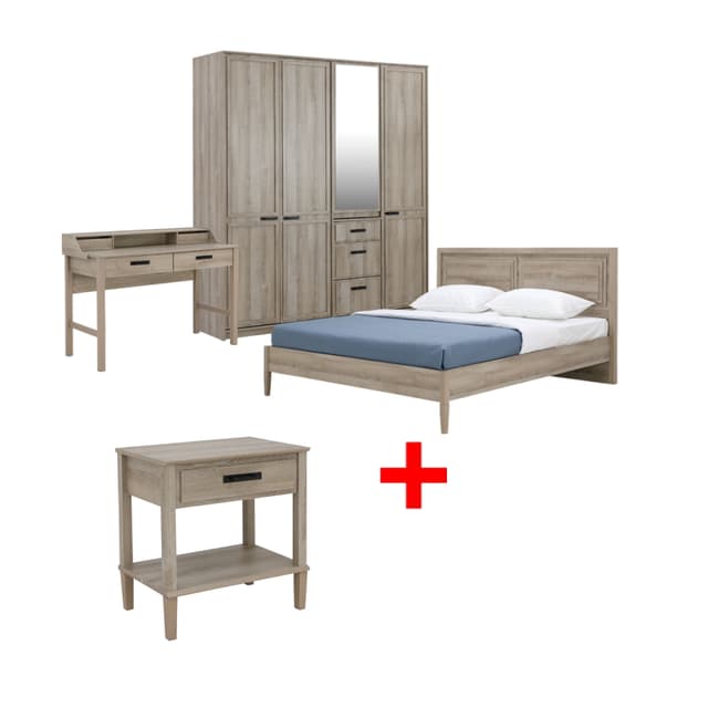 ซื้อชุดห้องนอน รุ่นวาร่า+ร็อตเตอร์ดัม ขนาด 5 ฟุต (เตียง, ตู้เสื้อผ้าบานสไลด์, โต๊ะเครื่องแป้ง) พร้อมตู้วางทีวี รุ่นวาร่า ขนาด 200 ซม. ราคาพิเศษ!